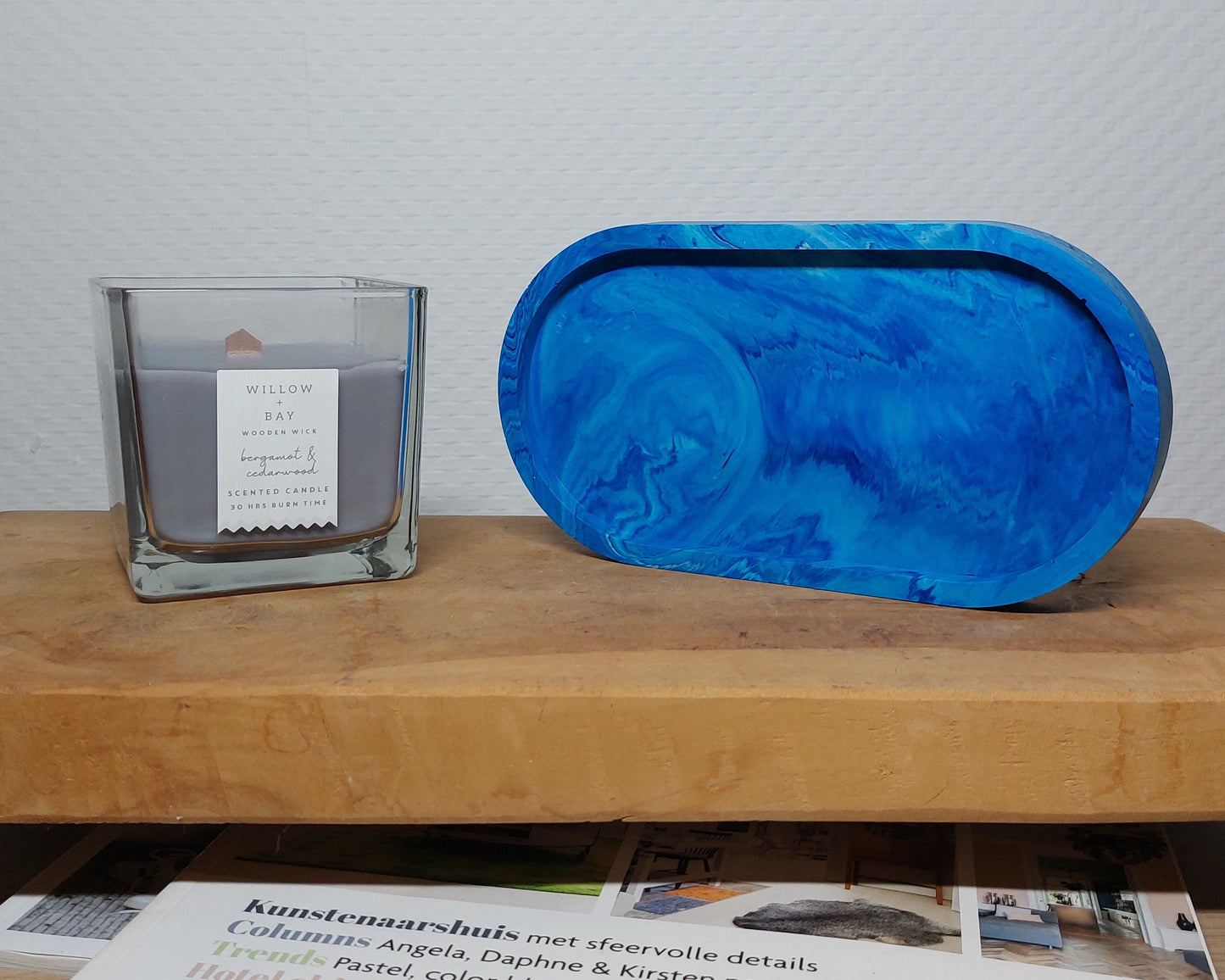 Ovalen Schaaltje - Blauw/Wit Marble Acrylwereld.nl